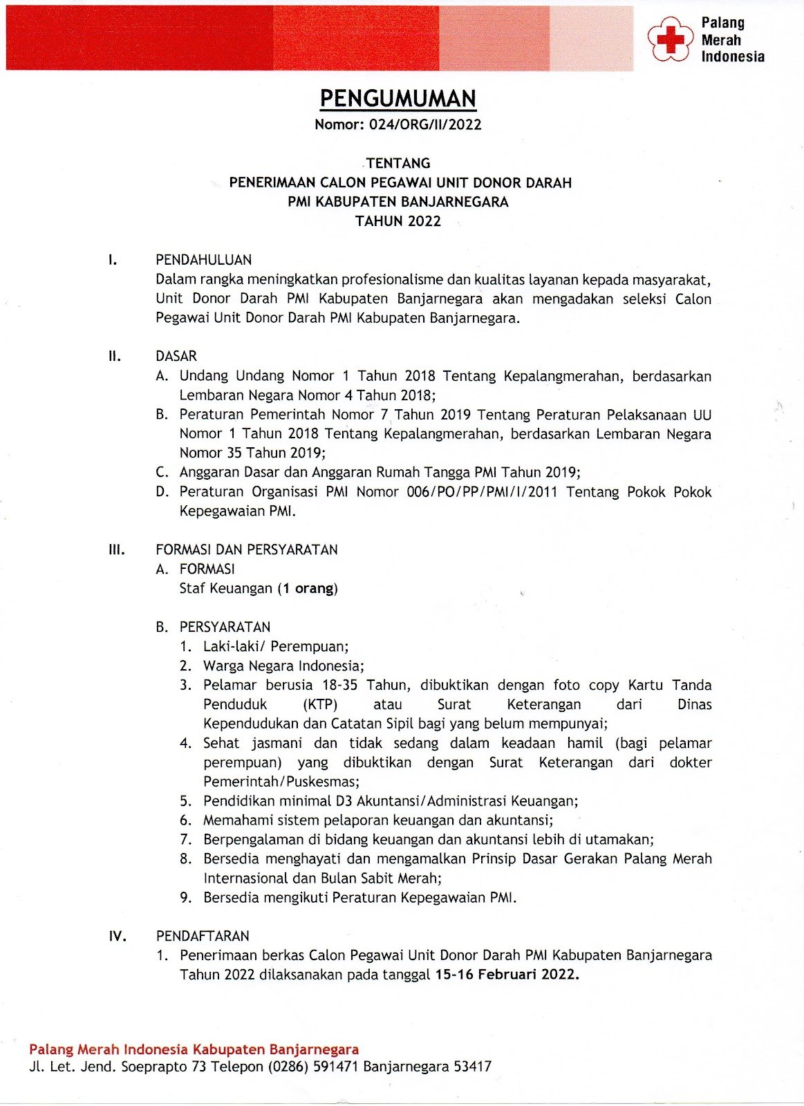 PENERIMAAN CALON PEGAWAI UNIT DONOR DARAH PMI KABUPATEN BANJARNEGARA TAHUN 2022