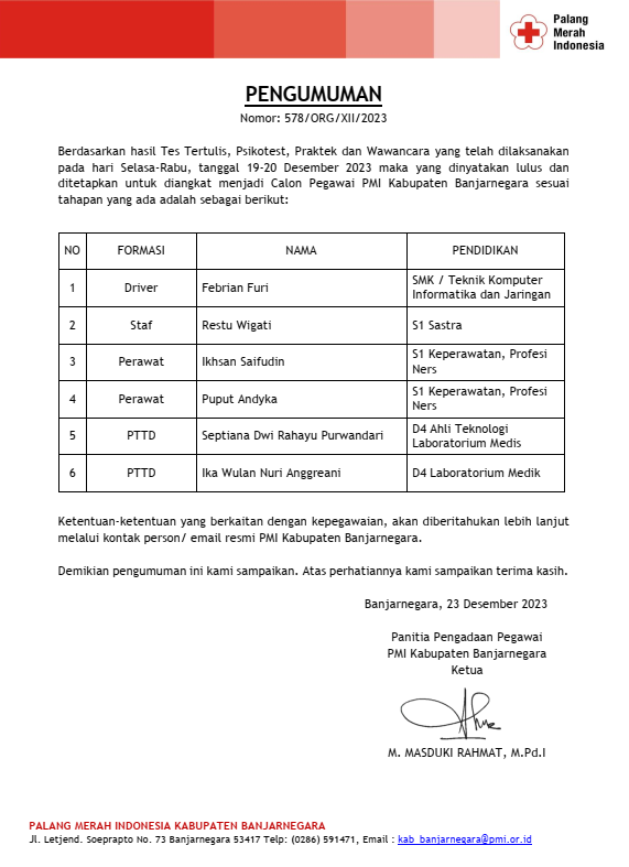 PENGUMUMAN HASIL SELEKSI CALON PEGAWAI PMI KABUPATEN BANJARNEGARA TAHUN 2023